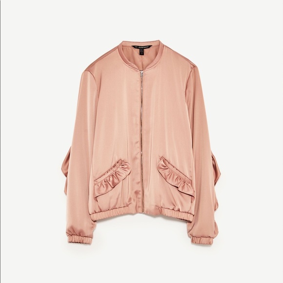 Zara | Jackets \u0026 Coats | Zara Pink Satin Ruffle Bomber Small | Poshmark